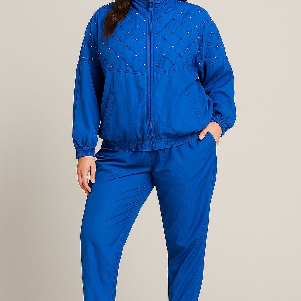 VTG Rhoda Gynne Blue Beaded 100% Silk Sweat Suit Jacket & Pants M/L (Loose FitL)